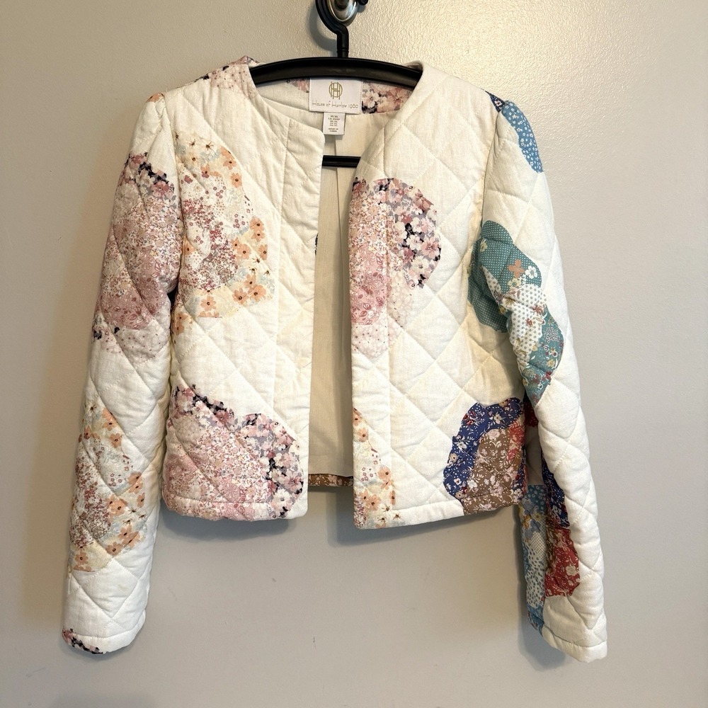 House of Harlow Quilted Open Linen Cardigan Size XS Patchwork Grannycore Preppy
